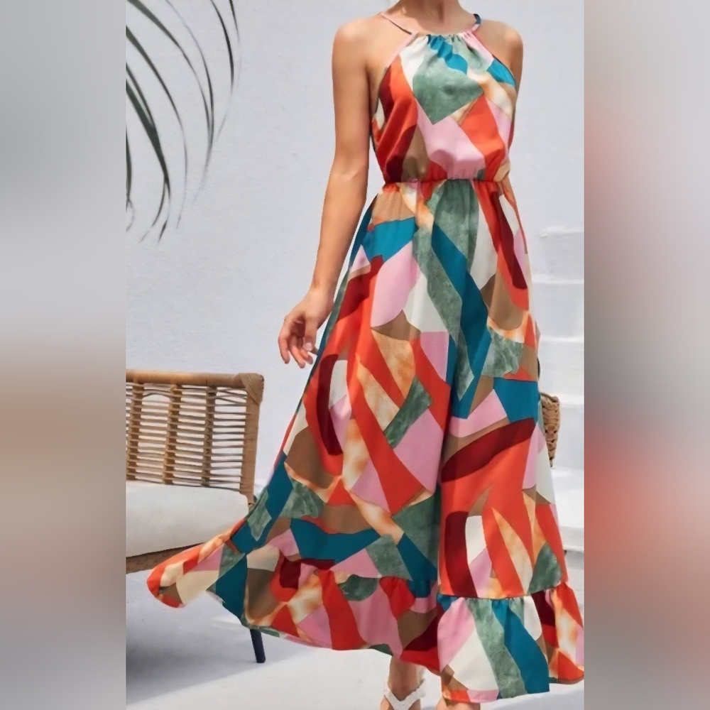 #1799 C+D+M Vibrant Multicolor Halter Maxi Dress Sz. L